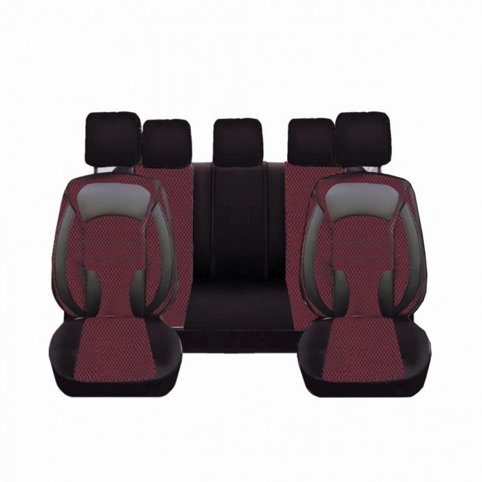 Set Huse Scaune Auto pentru Audi Q8 - DeluxeBoss, stofa cu piele ecologica, pt bancheta rabatabila fractionata, negru cu rosu, 11 piese