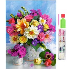 Set de broderie cu diamante 5D, model Buchet de flori, 30x40 cm, accesorii incluse, multicolor