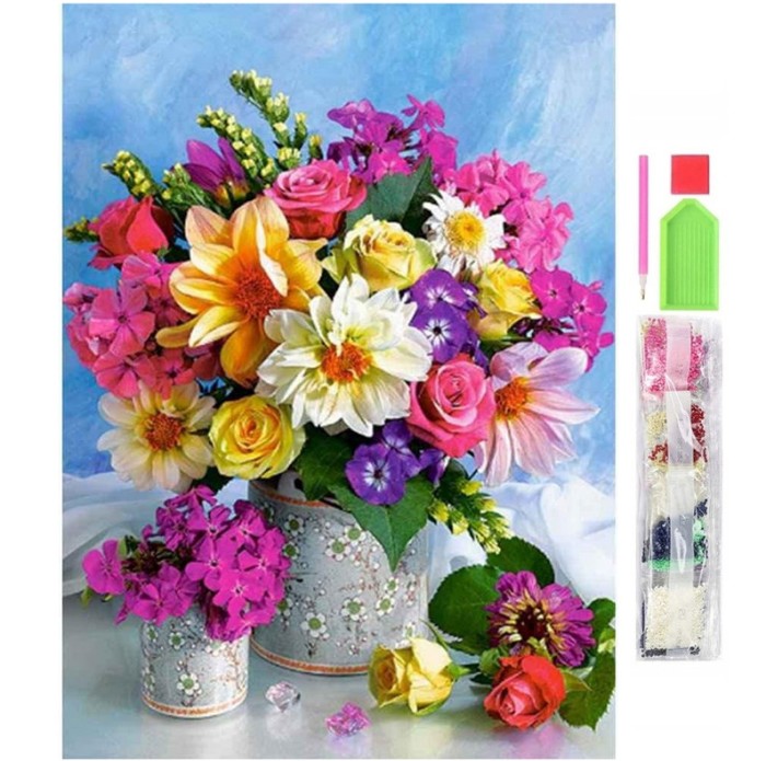 Set de broderie cu diamante 5D, model Buchet de flori, 30x40 cm, accesorii incluse, multicolor