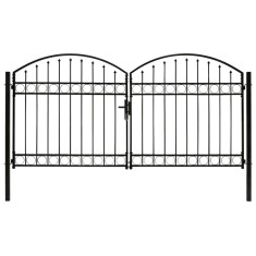 Poartă de gard dublă cu v&acirc;rf &icirc;n arcadă, negru, 300x125 cm, oțel