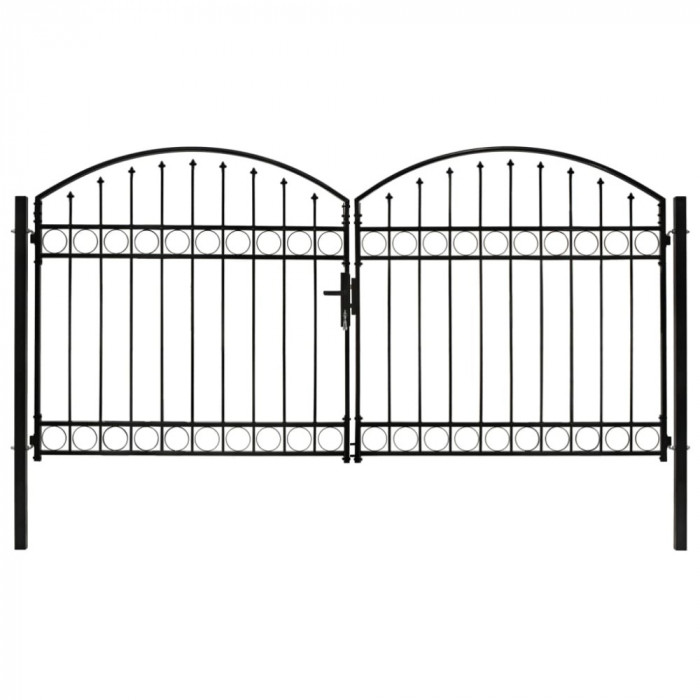 Poarta de gard dubla cu varf &icirc;n arcada, negru, 300x125 cm, otel GartenMobel Dekor