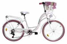 Bicicleta copii cu cos rachita Davi&amp;reg; Amelia, 6 viteze Roata 24&amp;quot;, 130-165 cm inaltime, Alb/Roz foto