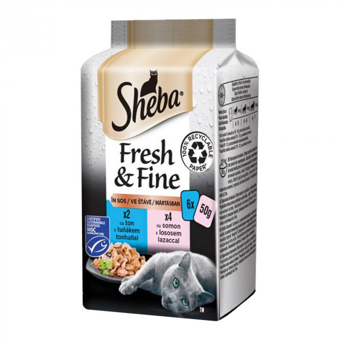 Sheba Fresh &amp;amp; Fine capsule pentru pisici, somon și ton 6 x 50 g