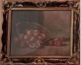 Natura statica cu caise, tablou vechi, rama aristocrata, 48x58 cm ulei pe carton, Realism