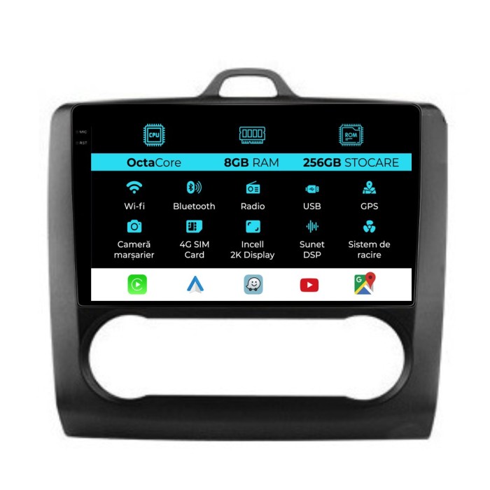 Navigatie Dedicata Ford Focus (2004-2012), 2K, 8Gb Ram, 256Gb Stocare, Carplay, Clima automata
