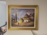 Nicolae Ambrozie &ndash; tablou pictură pe p&acirc;nză, semnat, peisaj rural, 50x40 cm, ramă aurie