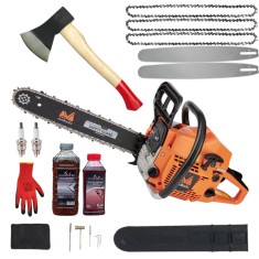 *PACHET* Drujba benzina + 3 lanturi + 2 lame + topor 0.6kg FORJAT + x1 ulei ungere lant 1L + x1 ulei amestec 0.5L + x2 bujii + accesorii + manusi prot