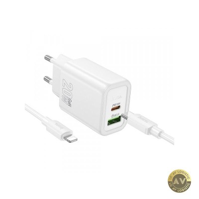 Incarcator Retea Cu Cablu Lightning HOCO N61 20W 3A 1 x USB-A - 1 x USB-C Alb foto