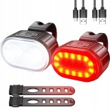 Set 2 lumini LED pentru bicicleta, far si stop, reincarcabile USB, 4 moduri iluminare, protectie IPX4, 4.3 x 2.7 cm
