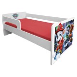 Pat pentru copii Dogs Red, cu protectii laterale detasabile reversibile, Pal melaminat, margini rotunjite, 2-8 ani, 144x76x45 cm, alb rosu