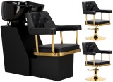 Set Scafă coafor profesională unitate de spălare model Ezra + 2 x scaune de coafură hidraulic pivotant pentru picioare și accesorii bol ceramic