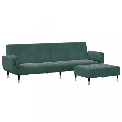Canapea extensibila cu taburet, 2 locuri, verde inchis, catifea foto