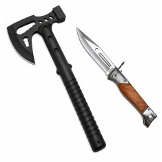 Set topor si briceag de vanatoare DEPOX&reg;, otel inoxidabil, negru, 42 cm/34 cm, teaca inclusa
