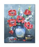 Tablou pictat manual stilizat, Vaza cu maci, 50x40cm acril pe panza efect 3D, Kenny Varniote