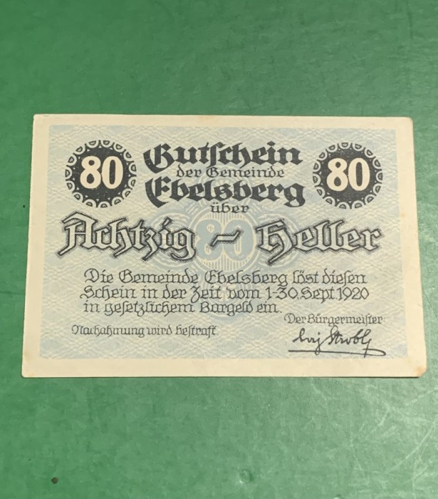 Bancnota Notgeld 80 heller 30 septembrie 1920
