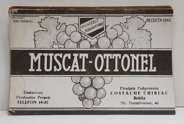 MUSCAT - OTTONEL , ETICHETA PENTRU STICLA , 1942