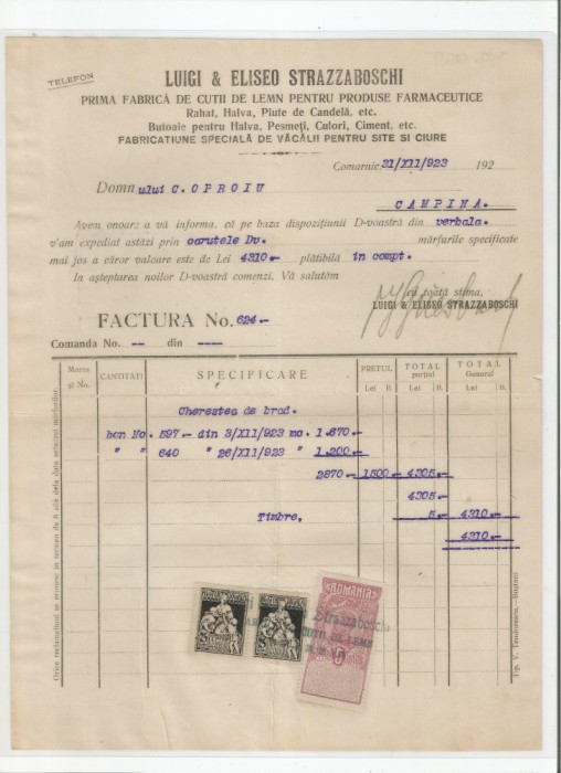 Romania, Luigi si Eliseo Strazzaboschi, Factura 1, Comarnic, 1923