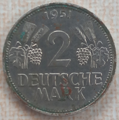 (M2071) MONEDA GERMANIA - 2 MARK 1951, LIT. F, GERMANIA FEDERALA, MAI RARA foto