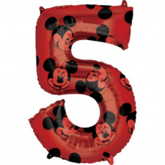 Balon folie cifra 5 Mickey Mouse, rosu, 66 cm