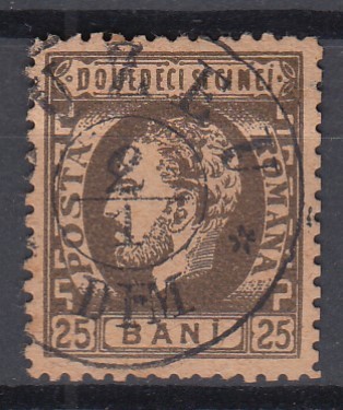 ROMANIA 1872 LP 37 CAROL I CU BARBA DANTELAT VALOAREA 25 BANI BRUN/HARTIE GALBUIE STAMPILAT BUZAU DIMINEATA foto