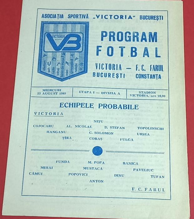 Program meci fotbal VICTORIA Bucuresti - FARUL CONSTANTA (23.08.1989)