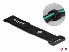 Set 5 cureluse tip Hook-and-loop cu inel pentru surub 190 x 25mm Negru, Delock 19543