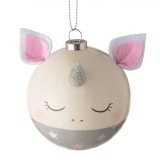 Glob Crăciun, Unicorn 3D, Alb/Gri, Diametru 6.5cm, Urechi și Corn Glitter Argintiu, Oem