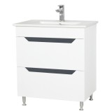 Baza si lavoar ceramic GN0561, mobilier baie stativ 70 cm, front MDF, 2 sertare, glisiere soft close, picioare cromate reglabile, alb antracit