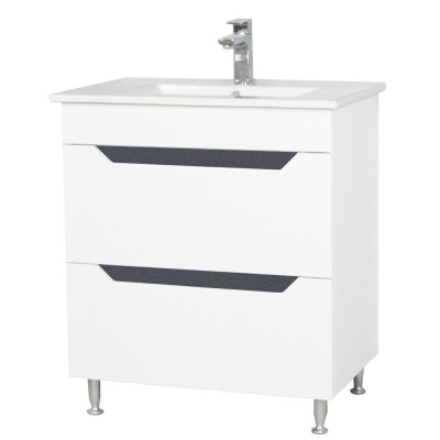 Baza si lavoar ceramic GN0561, mobilier baie stativ 70 cm, front MDF, 2 sertare, glisiere soft close, picioare cromate reglabile, alb antracit foto