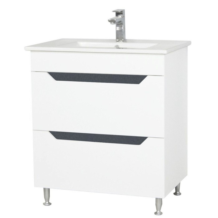 Baza si lavoar ceramic GN0561, mobilier baie stativ 70 cm, front MDF, 2 sertare, glisiere soft close, picioare cromate reglabile, alb antracit