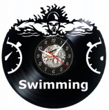 Ceas de perete din disc vinil, Tematică &Icirc;not / Swimming, Design Sportiv cu Siluete &Icirc;notători, Negru