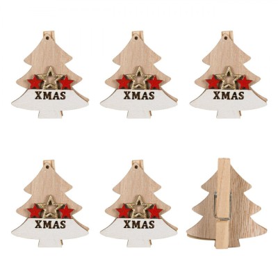 Clestisori Lemn Craciun, Model Brad si Stele, 5cm, Set 5 Bucati, Rosu Bej foto