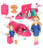 Set avion cu elemente mobile, papusa stewardesa, valiza pliabila, roz, 32x30x15cm