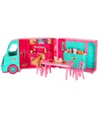 Rulota Food Truck Papusi, 21 Accesorii, Bucatarie, Masa, Scaune, 38cm, Roz/Mov