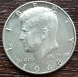 (A712) MONEDA DIN ARGINT SUA - HALF DOLLAR 1968, LIT. D, KENNEDY, 11.5 GR., PURITATE 400, America de Nord