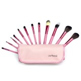 Set 12 Pensule Machiaj Lila Rossa Roz, Profesionale, Fibre Naturale si Sintetice, Husa Piele Ecologica