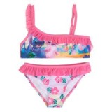 Costum de baie cu volan pentru copii, roz, cu imprimeu Stitch si flori, CMCLASS