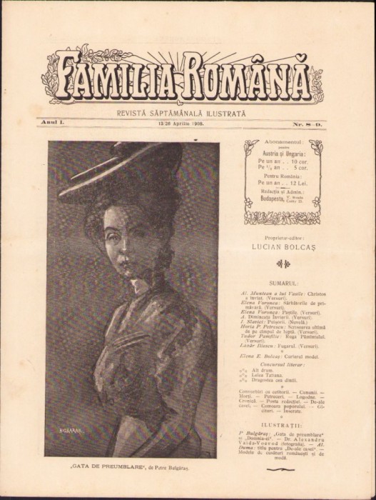 Z102 Familia rom&acirc;nă, numărul 8-9, anul 1, 1908, Budapesta, proprietar-editor Lucian Bolcaș