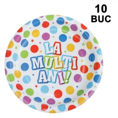 Set Farfurii Carton, Multicolor, 18cm, 10 Bucăți, La Mulți Ani