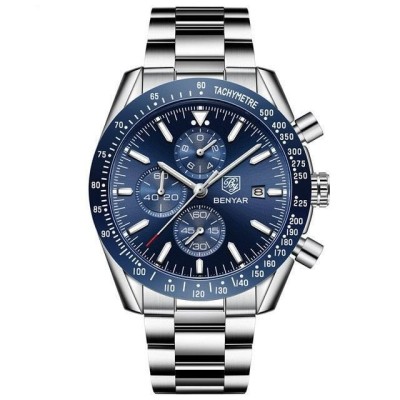Ceas barbati Benyar Cronograf Quartz Luxury Analog Otel Argintiu foto