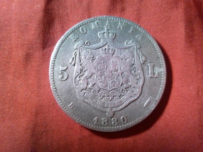 Moneda 5 lei 1880 Carol I , semnatura sub gat , argint , cal.Buna-F.Buna foto