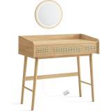 Masuta de toaleta SONGMICS cu oglinda LED si 3 sertare ratan, bej