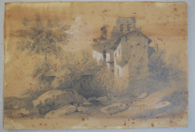 Peisaj cu biserica desen vechi foto