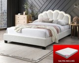 Set pat tapitat Comfort 2 cu LED cu saltea inclusa, cadru din lemn cu somiera fixa, culoare Crem