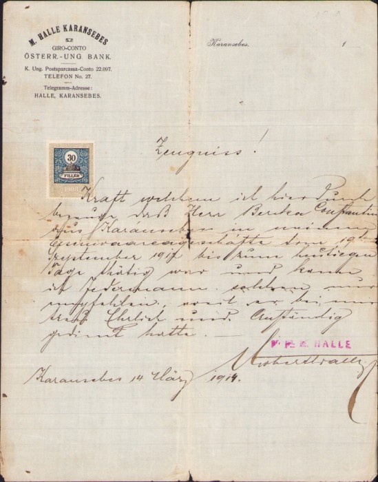 HST A1319 Chitanță comerciant bijuterii porțelan Moritz Halle 1918 Caransebeș