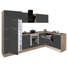 Mobilă de bucătărie de colț Yorki 310, corp din stejar sonoma, față antracit satinat, element cuptor inferior, frigider congelator superior