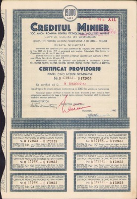 A629 Acțiune Creditul Minier pe numele academicianului Nicolae Dașcovici, 1946 foto