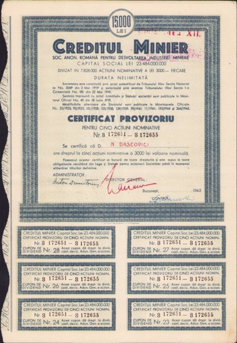 A629 Acțiune Creditul Minier pe numele academicianului Nicolae Dașcovici, 1946