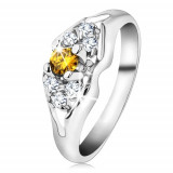 Inel strălucitor de culoare argintie, brațe ramificate, zircon galben transparent - Marime inel: 54