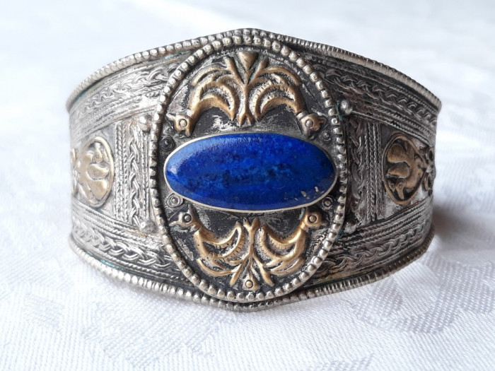 argint BRATARA REGLABILA LATA etnic NEPAL TRIBALA cu LAPIS LAZULI unica SUPERBA